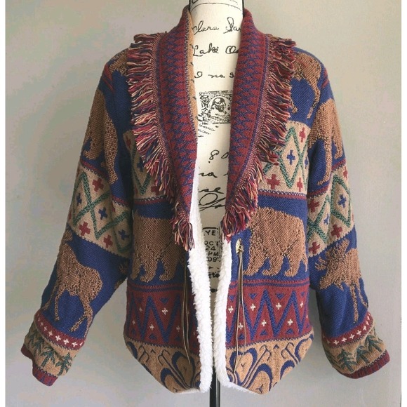 VTG An Original Jans Jems Bears Moose Southwest Tapestry Jacket Sherpa Lined OS - Picture 1 of 16